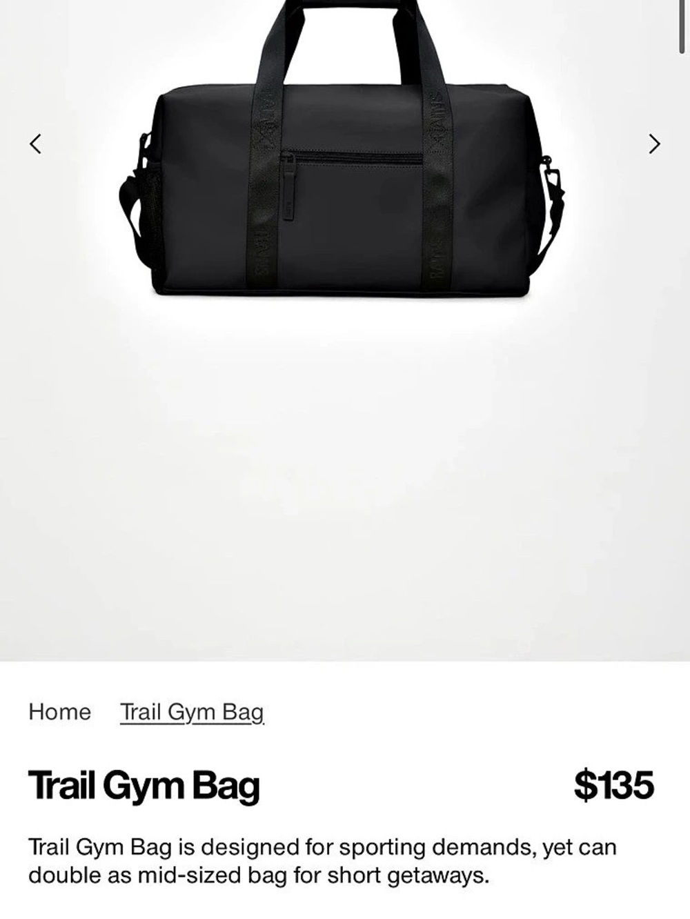 NWT RAINS Trail Gym Bag Black Travel Bag